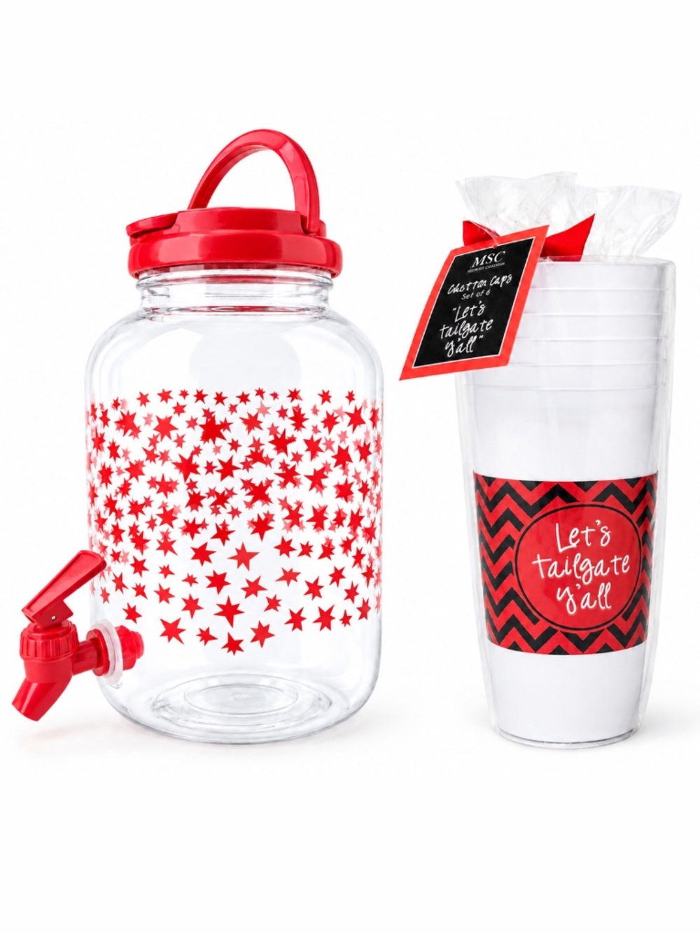 Mainstays 1.2 Gal Red Stars Drink Dispenser + MSC Let's Tailgate Y'all Cups 6PK - Picture 1 of 2